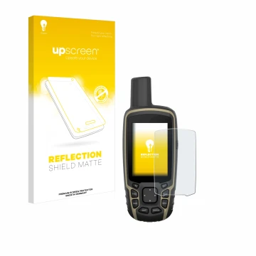 Face avant d’un emballage produit avec le logo de la marque upscreen. À côté, l’appareil Garmin GPSMAP 65 est représenté avec 