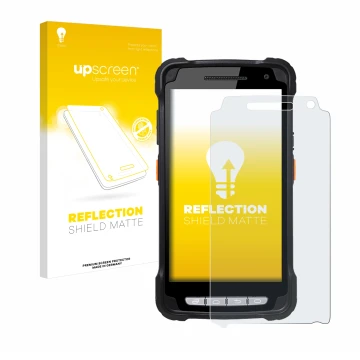 Face avant d’un emballage produit avec le logo de la marque upscreen. À côté, l’appareil Point Mobile PM90 est représenté avec