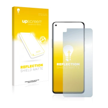 Face avant d’un emballage produit avec le logo de la marque upscreen. À côté, l’appareil OnePlus 8T Plus est représenté avec l