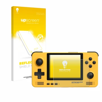 Face avant d’un emballage produit avec le logo de la marque upscreen. À côté, l’appareil Retroid Pocket 2 est représenté avec 