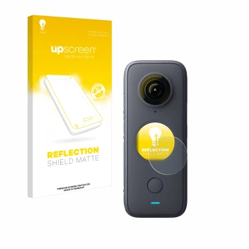 Face avant d’un emballage produit avec le logo de la marque upscreen. À côté, l’appareil Insta360 One X2 est représenté avec l
