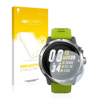 Face avant d’un emballage produit avec le logo de la marque upscreen. À côté, l’appareil Coros Apex Pro est représenté avec la