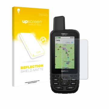 Face avant d’un emballage produit avec le logo de la marque upscreen. À côté, l’appareil Garmin GPSMAP 66sr est représenté ave