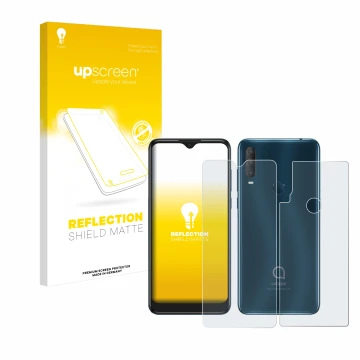 Face avant d’un emballage produit avec le logo de la marque upscreen. À côté, l’appareil Alcatel 1S 2020 (Avant+Arrière) est r