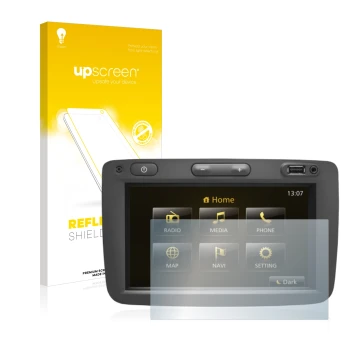 Face avant d’un emballage produit avec le logo de la marque upscreen. À côté, l’appareil Dacia Duster 2 2019 Infotainment Syst