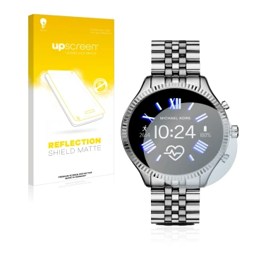 Face avant d’un emballage produit avec le logo de la marque upscreen. À côté, l’appareil Michael Kors Access Gen 5 Lexington e