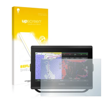 Face avant d’un emballage produit avec le logo de la marque upscreen. À côté, l’appareil Garmin GPSMAP 8412xsv est représenté 