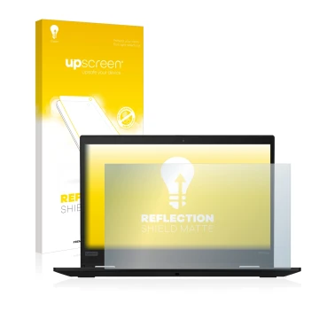 Face avant d’un emballage produit avec le logo de la marque upscreen. À côté, l’appareil Lenovo ThinkPad X13 Gen 1 est représe