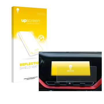 Face avant d’un emballage produit avec le logo de la marque upscreen. À côté, l’appareil Kia E-Niro 2020 Infotainment System e