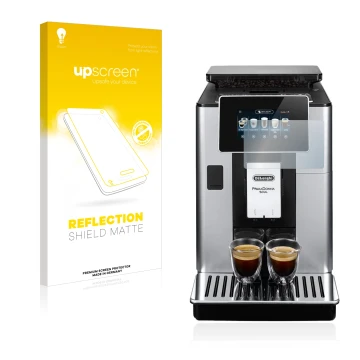 Face avant d’un emballage produit avec le logo de la marque upscreen. À côté, l’appareil DeLonghi PrimaDonna Soul ECAM610.74.M