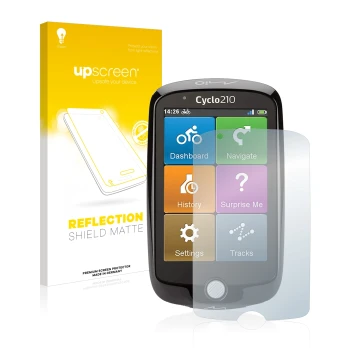 Face avant d’un emballage produit avec le logo de la marque upscreen. À côté, l’appareil Mio Cyclo 210 est représenté avec la 