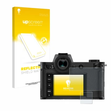 Face avant d’un emballage produit avec le logo de la marque upscreen. À côté, l’appareil Leica SL2-S est représenté avec la pr