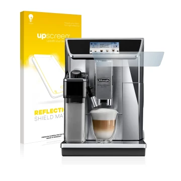 Face avant d’un emballage produit avec le logo de la marque upscreen. À côté, l’appareil DeLonghi PrimaDonna Elite Experience 