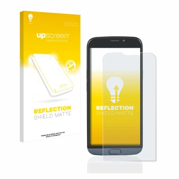 Face avant d’un emballage produit avec le logo de la marque upscreen. À côté, l’appareil Doro 8050 Plus est représenté avec la