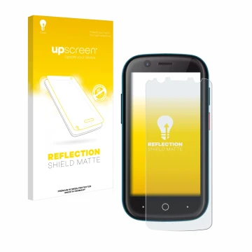 Face avant d’un emballage produit avec le logo de la marque upscreen. À côté, l’appareil Unihertz Jelly 2 est représenté avec 