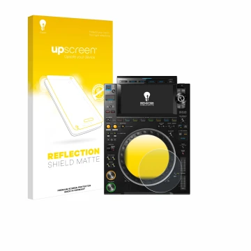 Face avant d’un emballage produit avec le logo de la marque upscreen. À côté, l’appareil Pioneer CDJ 3000 (Cercle) est représe
