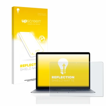 Face avant d’un emballage produit avec le logo de la marque upscreen. À côté, l’appareil Apple MacBook Air 13