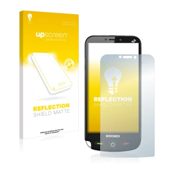 Face avant d’un emballage produit avec le logo de la marque upscreen. À côté, l’appareil Brondi Amico Dual Sim est représenté 