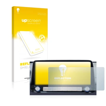 Face avant d’un emballage produit avec le logo de la marque upscreen. À côté, l’appareil Hyundai Kona 2020 Infotainment System