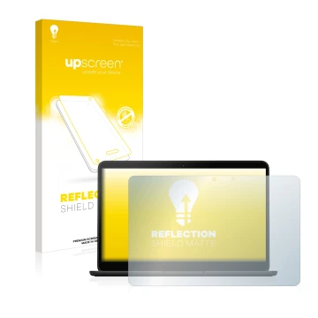 Face avant d’un emballage produit avec le logo de la marque upscreen. À côté, l’appareil Google Pixelbook Go 13.3