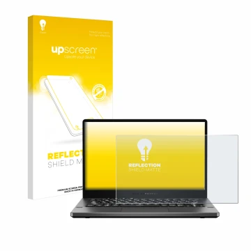 Face avant d’un emballage produit avec le logo de la marque upscreen. À côté, l’appareil ASUS ROG Zephyrus G14 GA401 est repré