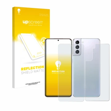 Face avant d’un emballage produit avec le logo de la marque upscreen. À côté, l’appareil Samsung Galaxy S21 Plus 5G (Avant+Arr