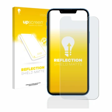 Face avant d’un emballage produit avec le logo de la marque upscreen. À côté, l’appareil Apple iPhone 13 mini est représenté a