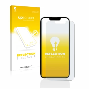 Face avant d’un emballage produit avec le logo de la marque upscreen. À côté, l’appareil Apple iPhone 13 est représenté avec l