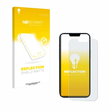 Face avant d’un emballage produit avec le logo de la marque upscreen. À côté, l’appareil Apple iPhone 13 Pro Max est représent