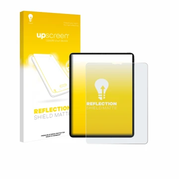 Face avant d’un emballage produit avec le logo de la marque upscreen. À côté, l’appareil Apple iPad Pro 12.9