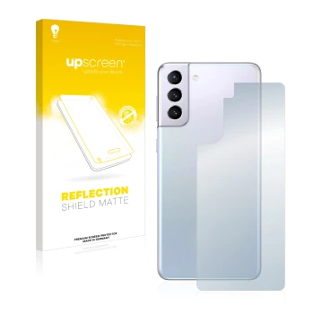 Face avant d’un emballage produit avec le logo de la marque upscreen. À côté, l’appareil Samsung Galaxy S21 (Arrière) est repr