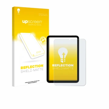 Face avant d’un emballage produit avec le logo de la marque upscreen. À côté, l’appareil Apple iPad Mini 6 WiFi 2021 est repré