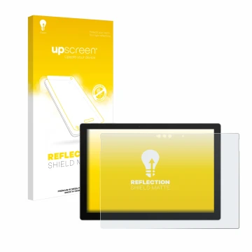 Face avant d’un emballage produit avec le logo de la marque upscreen. À côté, l’appareil Microsoft Surface Pro 7 Plus est repr