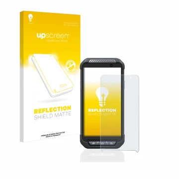 Face avant d’un emballage produit avec le logo de la marque upscreen. À côté, l’appareil Point Mobile PM85 est représenté avec