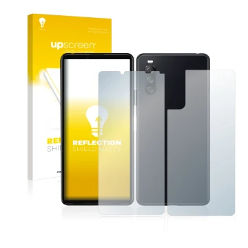 Face avant d’un emballage produit avec le logo de la marque upscreen. À côté, l’appareil Sony Xperia 10 III (Avant+Arrière) es