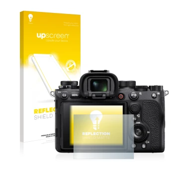 Face avant d’un emballage produit avec le logo de la marque upscreen. À côté, l’appareil Sony Alpha 1 est représenté avec la p