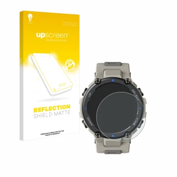 Face avant d’un emballage produit avec le logo de la marque upscreen. À côté, l’appareil Huami Amazfit T-Rex Pro est représent