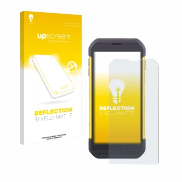 Face avant d’un emballage produit avec le logo de la marque upscreen. À côté, l’appareil Cipherlab RS35 est représenté avec la