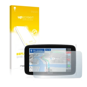 Face avant d’un emballage produit avec le logo de la marque upscreen. À côté, l’appareil TomTom GO Discover 6