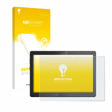 Face avant d’un emballage produit avec le logo de la marque upscreen. À côté, l’appareil Lenovo Tab M10 TB-X505F est représent