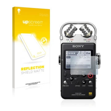 Face avant d’un emballage produit avec le logo de la marque upscreen. À côté, l’appareil Sony PCM D100 est représenté avec la 