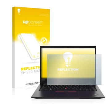 Face avant d’un emballage produit avec le logo de la marque upscreen. À côté, l’appareil Lenovo ThinkPad L13 Gen 2 est représe