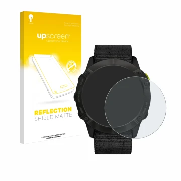 Face avant d’un emballage produit avec le logo de la marque upscreen. À côté, l’appareil Garmin Enduro est représenté avec la 