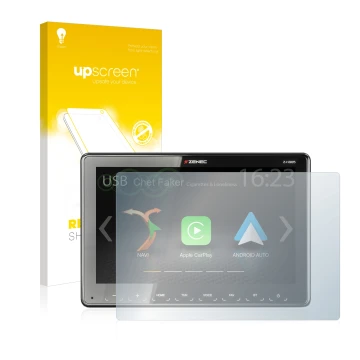 Face avant d’un emballage produit avec le logo de la marque upscreen. À côté, l’appareil Zenec Z-N965 est représenté avec la p