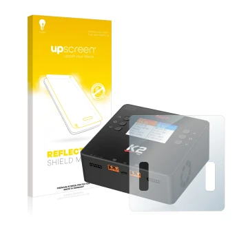 Face avant d’un emballage produit avec le logo de la marque upscreen. À côté, l’appareil ISDT Smart Duo Charger K2 est représe