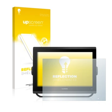 Face avant d’un emballage produit avec le logo de la marque upscreen. À côté, l’appareil Garmin GPSMAP 1223 est représenté ave