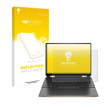 Face avant d’un emballage produit avec le logo de la marque upscreen. À côté, l’appareil HP Spectre x360 (14-eX) 2021 est repr