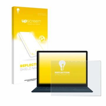 Face avant d’un emballage produit avec le logo de la marque upscreen. À côté, l’appareil Microsoft Surface Laptop 4 13.5