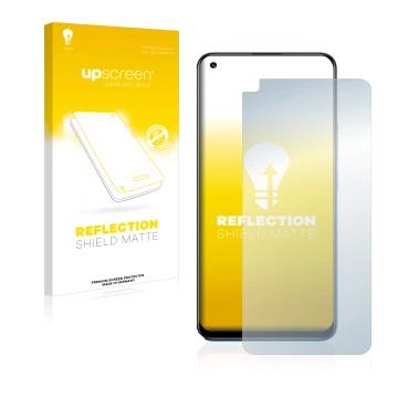 Face avant d’un emballage produit avec le logo de la marque upscreen. À côté, l’appareil realme 8 Pro est représenté avec la p
