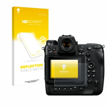Face avant d’un emballage produit avec le logo de la marque upscreen. À côté, l’appareil Nikon Z 9 est représenté avec la prot